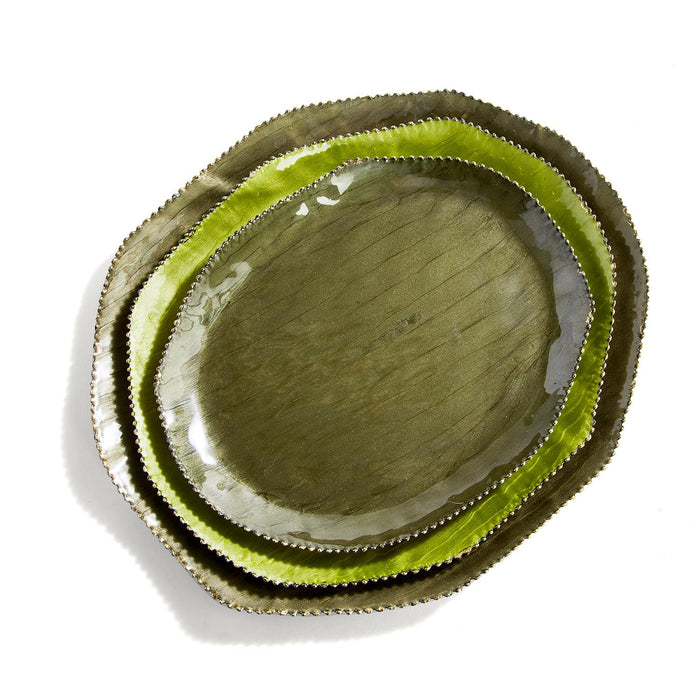 Stria Set of 3 Greens Decorative Oval Trays with Beaded Edge